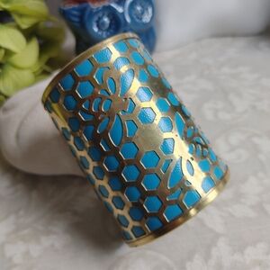 Gold & Teal Cuff Bracelet Honeycomb Bee Laser Cut